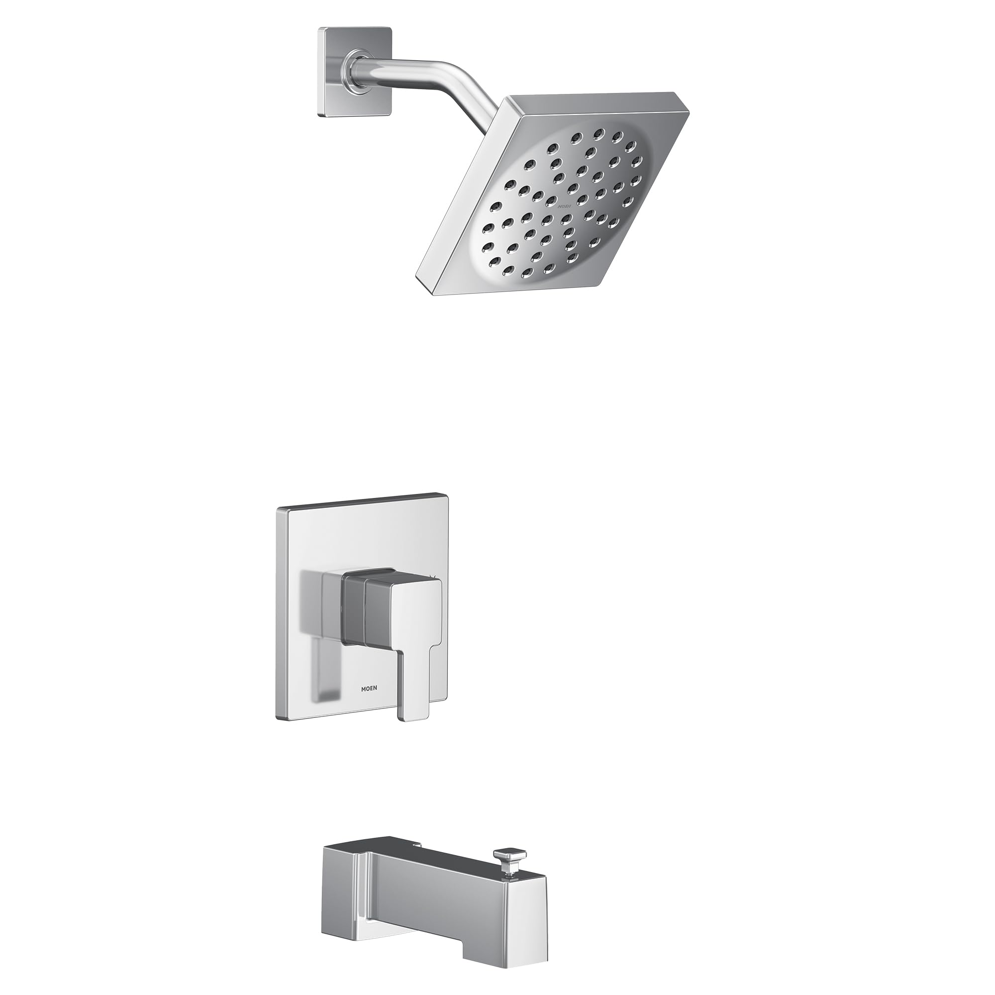 Chrome tub and shower trim kit with square showerhead, curved arm, single handle valve, and tub spout.