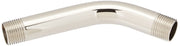 Polished nickel curved shower arm with threaded male connections on both ends.