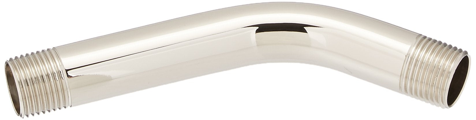 Polished nickel curved shower arm with threaded male connections on both ends.