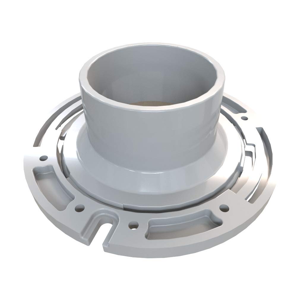 White PVC closet flange with cylindrical slip fit connection and plastic mounting ring with bolt holes.