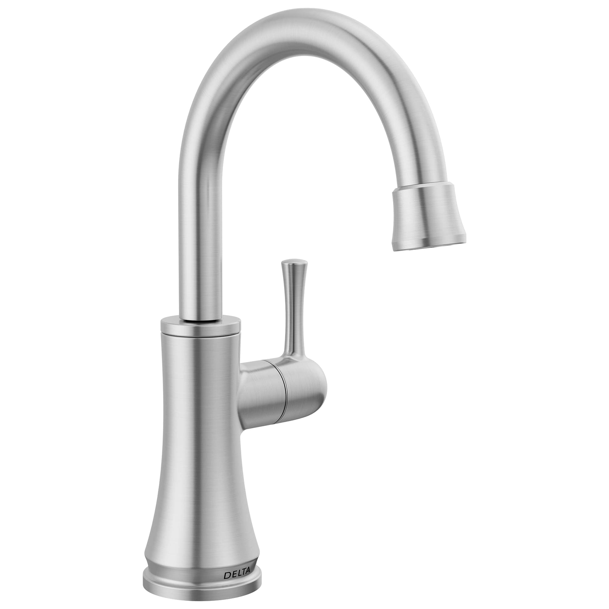 Stainless steel beverage faucet with curved gooseneck spout and single side lever handle.