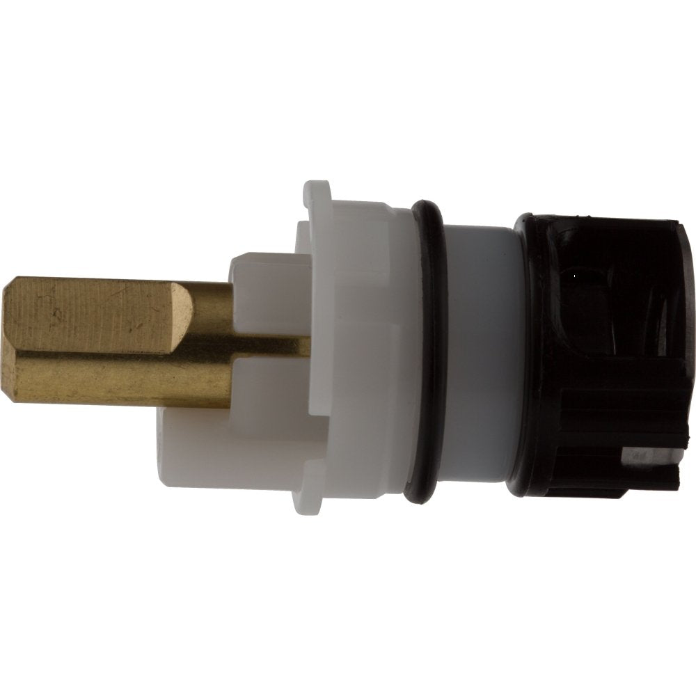 Brass stem with white and gray plastic housing, black rubber seal, and black plastic cartridge body.
