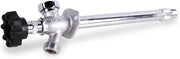Brass frost-free sillcock with black handle valve, 1/2 inch threaded inlet, and 12 inch chrome spout.