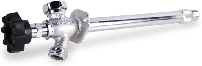 Brass frost-free sillcock with black handle valve, 1/2 inch threaded inlet, and 12 inch chrome spout.