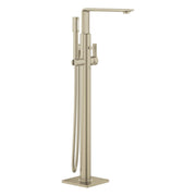 Brushed nickel freestanding tub faucet with single handle, high spout, and detachable hand shower with hose.