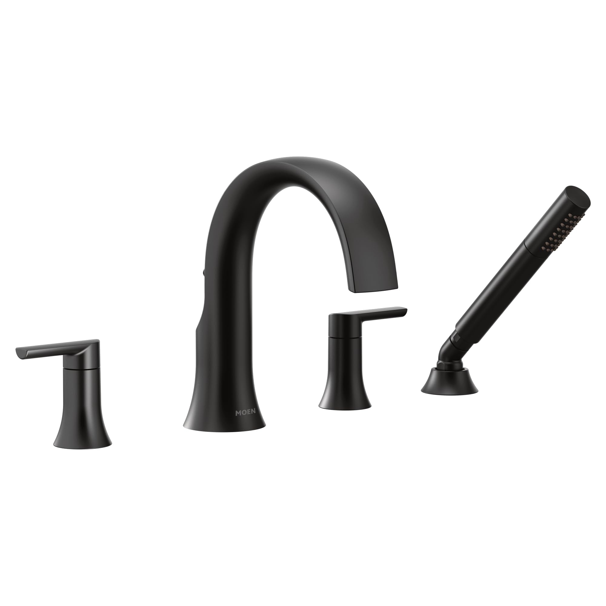 Matte black two-handle high arc faucet with curved spout, matching handles, and handheld showerhead on deck mount base.