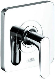 Chrome volume control trim with rounded square escutcheon plate and lever handle.