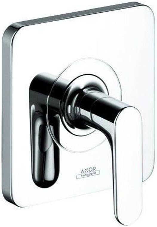 Chrome volume control trim with rounded square escutcheon plate and lever handle.