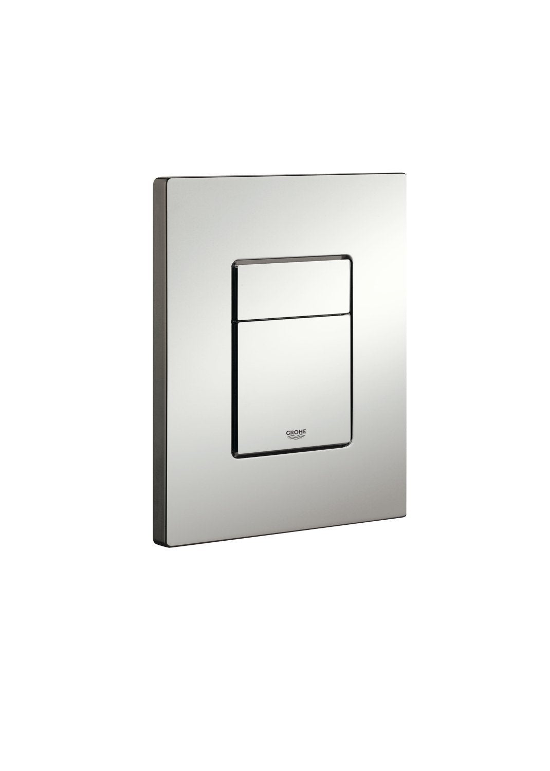 Matte chrome rectangular wall plate with dual flush buttons and black accent frame.
