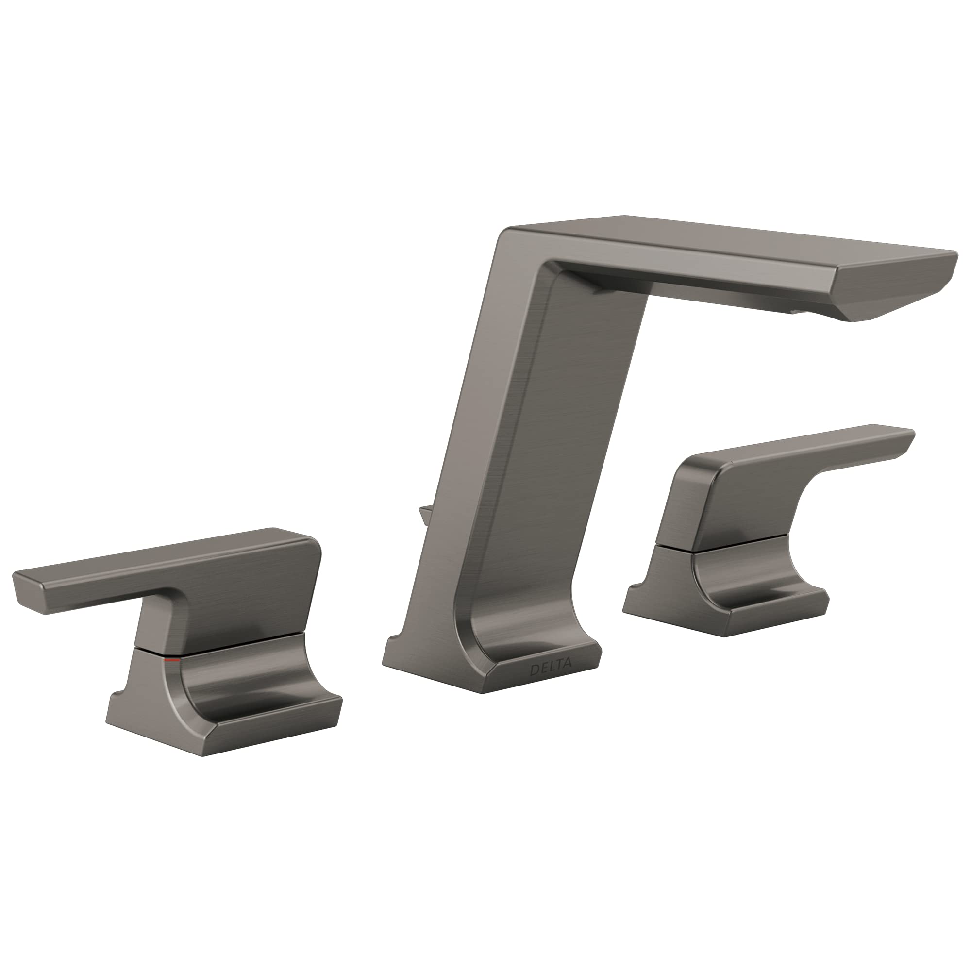 Chrome widespread bathroom faucet with two lever handles and tall center spout mounted on square bases.