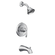 Chrome single-handle tub and shower trim kit with showerhead, valve trim plate, and tub spout.