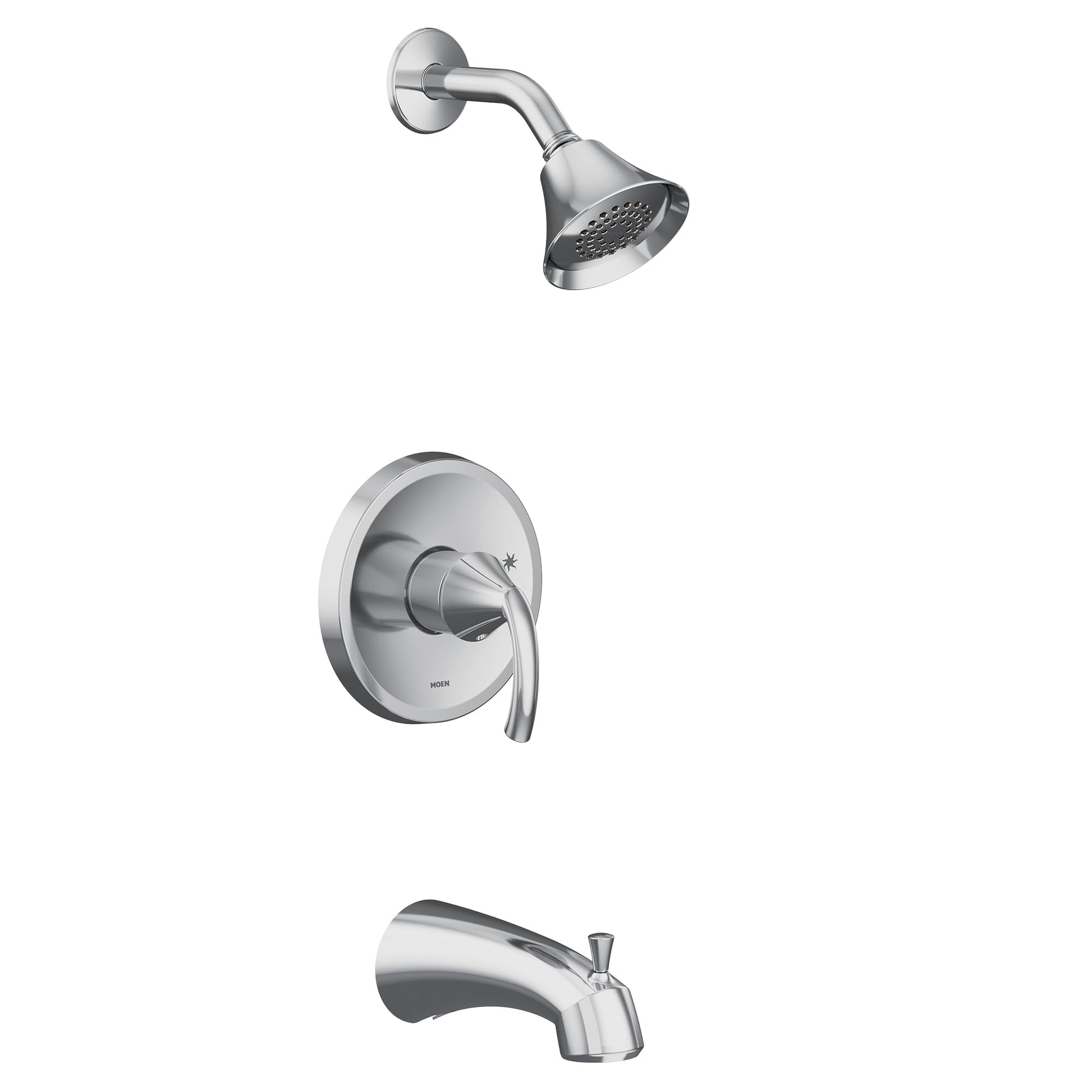 Chrome single-handle tub and shower trim kit with showerhead, valve trim plate, and tub spout.