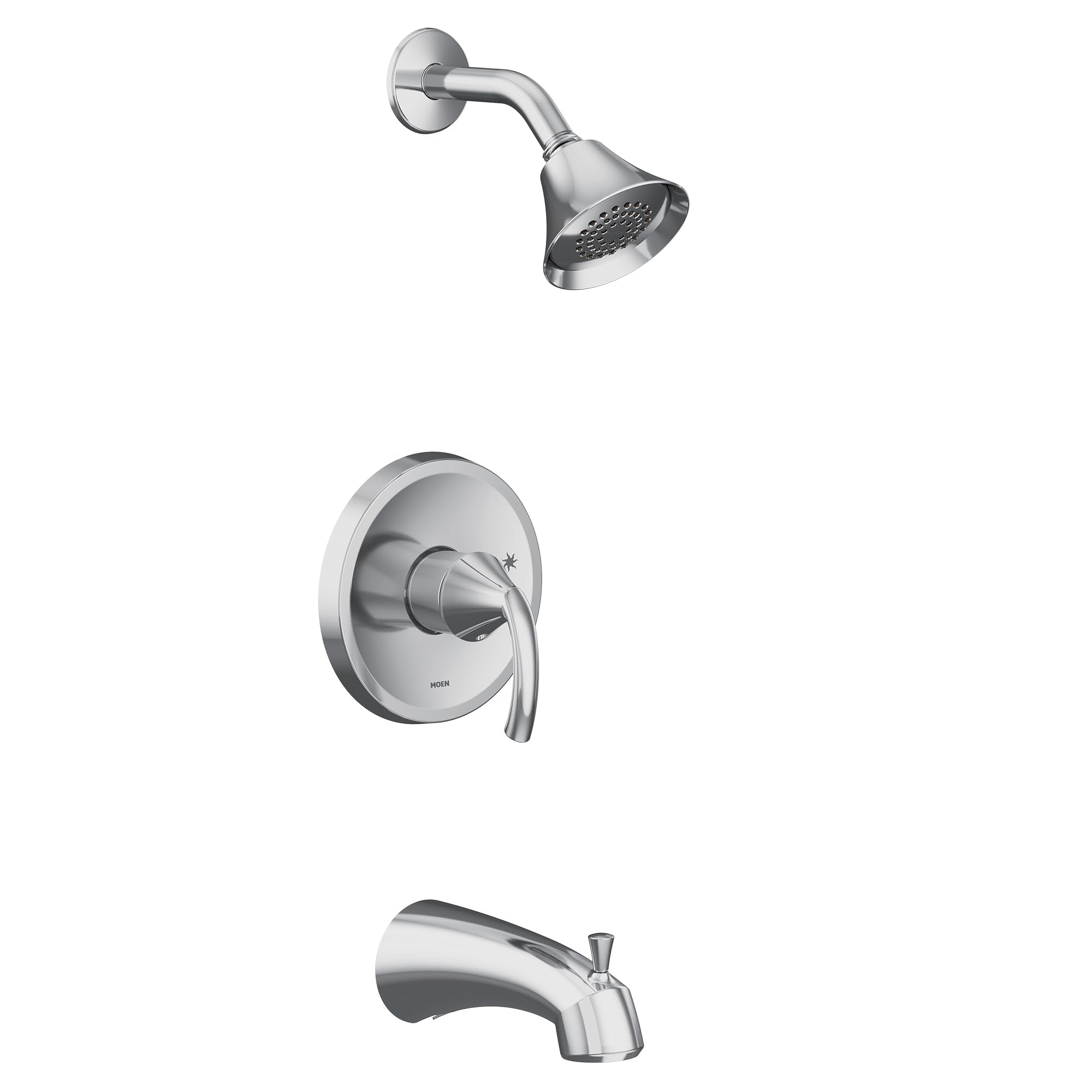 Chrome single-handle tub and shower trim kit with showerhead, valve trim plate, and tub spout.