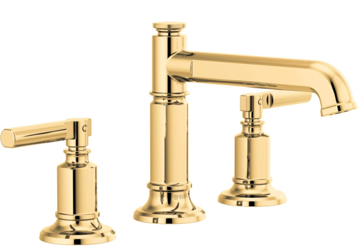 Polished gold widespread lavatory faucet with tall cylindrical column spout and two lever handles.