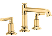 Polished gold widespread lavatory faucet with tall cylindrical column spout and two lever handles.