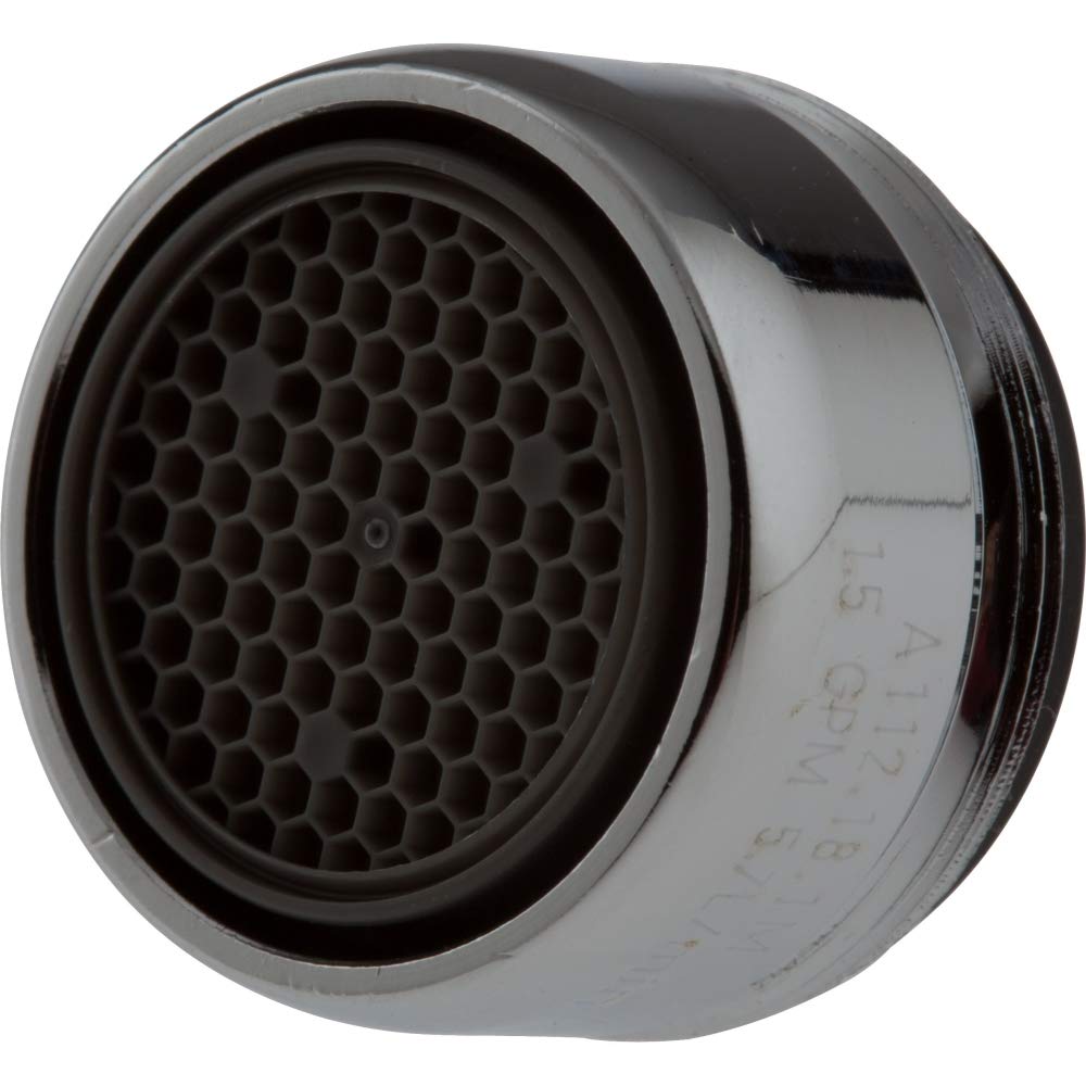 Chrome faucet aerator with black honeycomb mesh screen and threaded base.