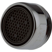 Chrome faucet aerator with black honeycomb mesh screen and threaded base.