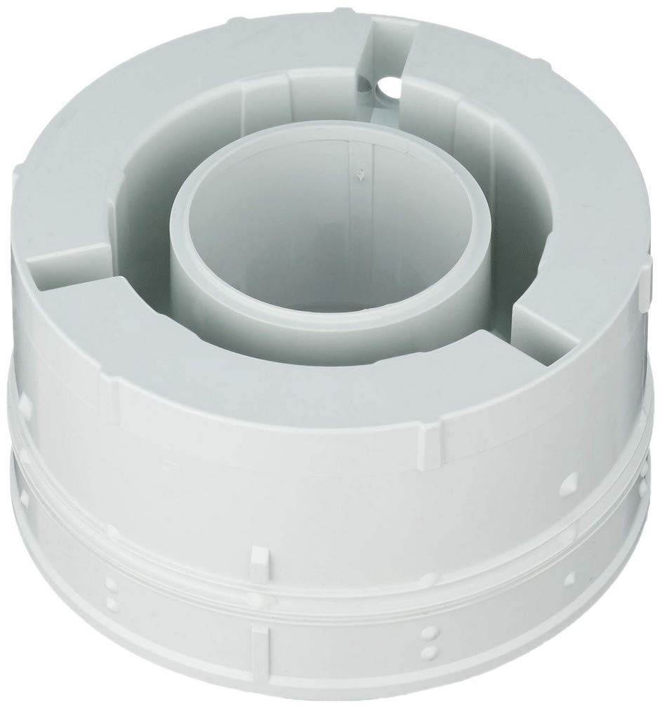 White plastic cylindrical discharge piston with central hollow core and mounting tabs.