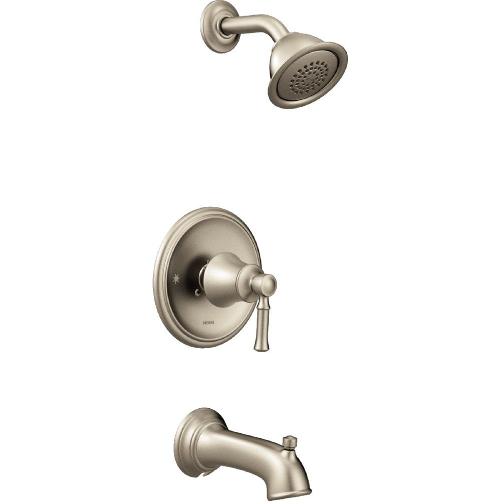 Brushed nickel tub and shower faucet set with round showerhead, valve trim, and tub spout.