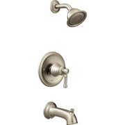 Brushed nickel tub and shower faucet set with round showerhead, valve trim, and tub spout.
