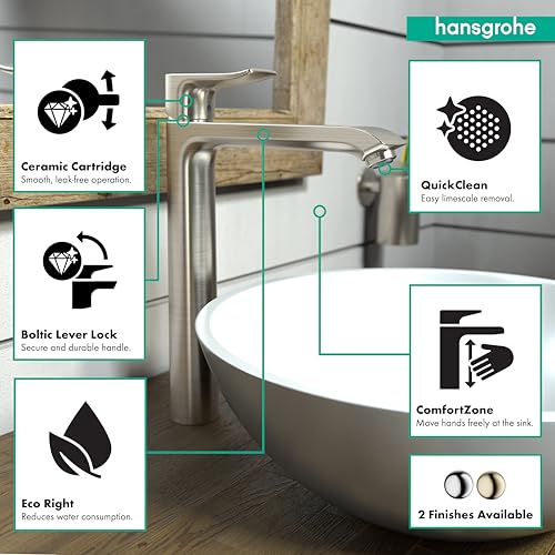 Brushed nickel single-hole bathroom faucet with tall spout and lever handle, displayed above round sink.