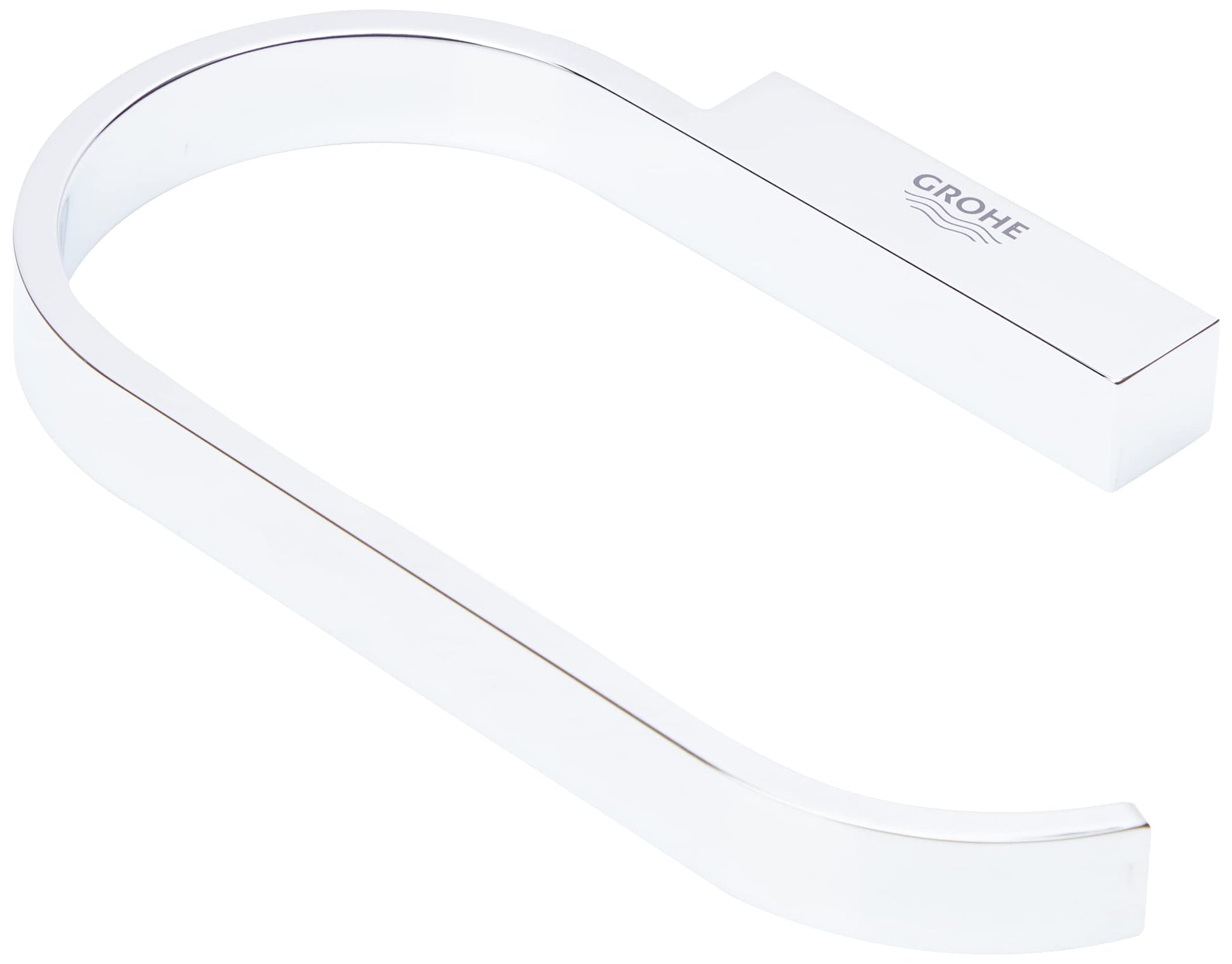 Chrome paper holder with curved open design and rectangular mounting plate labeled Grohe.