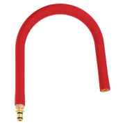 Red flexible kitchen faucet hose with brass connector fitting on white background.