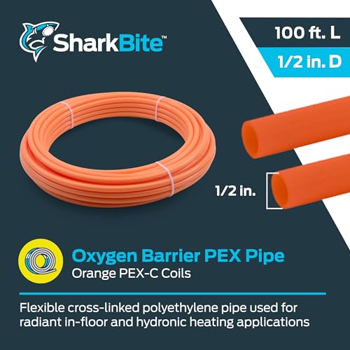 Orange PEX pipe coil, 1/2 inch diameter, 100 feet length, with oxygen barrier for radiant heating.