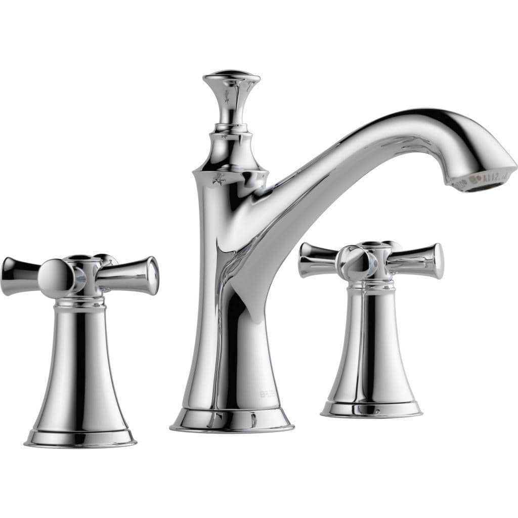 Chrome widespread lavatory faucet with curved spout and two lever handles on conical bases.