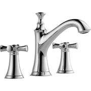 Chrome widespread lavatory faucet with curved spout and two lever handles on conical bases.