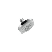 Chrome shower head with round face and multiple jet holes, connected to angled mounting arm.
