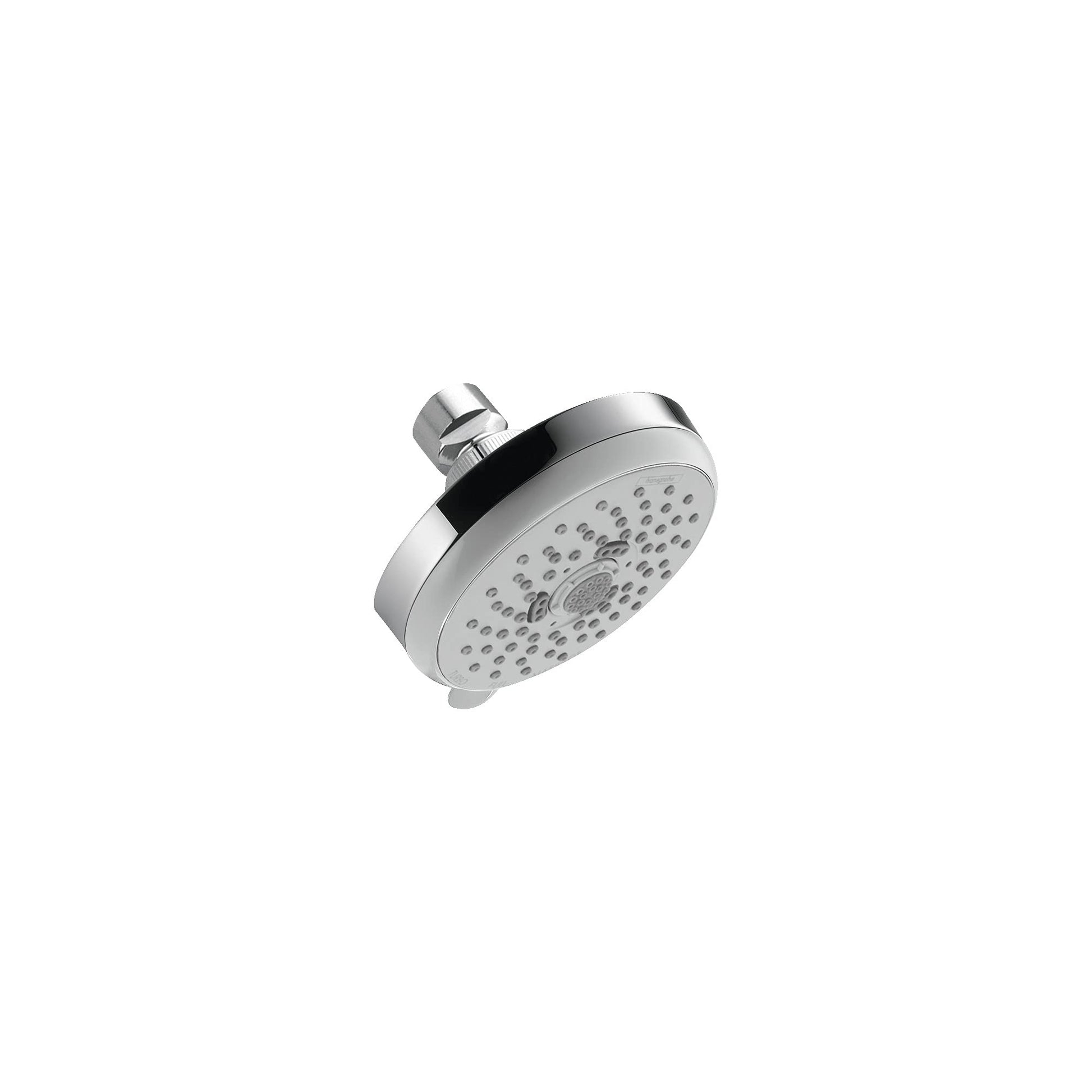 Chrome shower head with round face and multiple jet holes, connected to angled mounting arm.