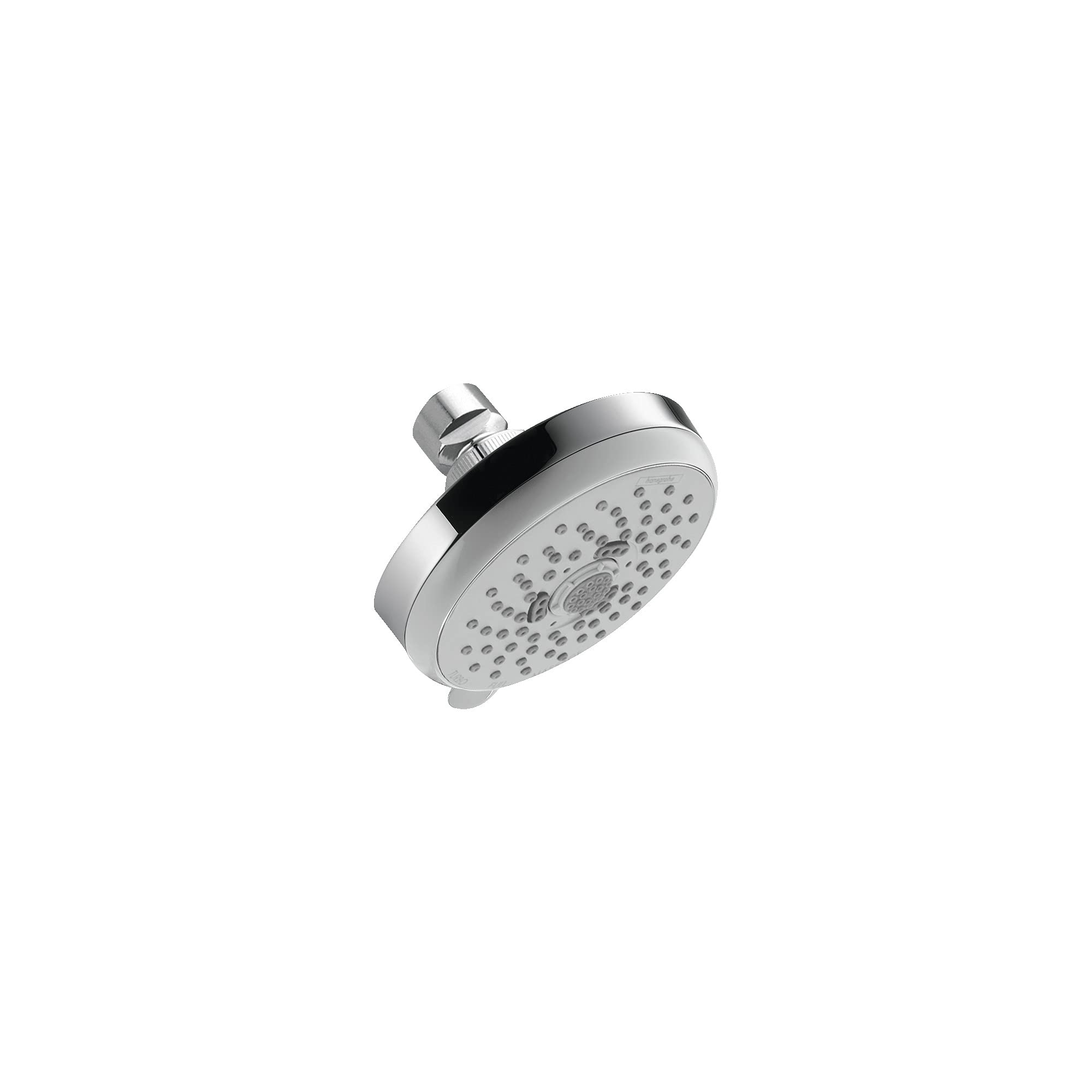 Chrome shower head with round face and multiple jet holes, connected to angled mounting arm.