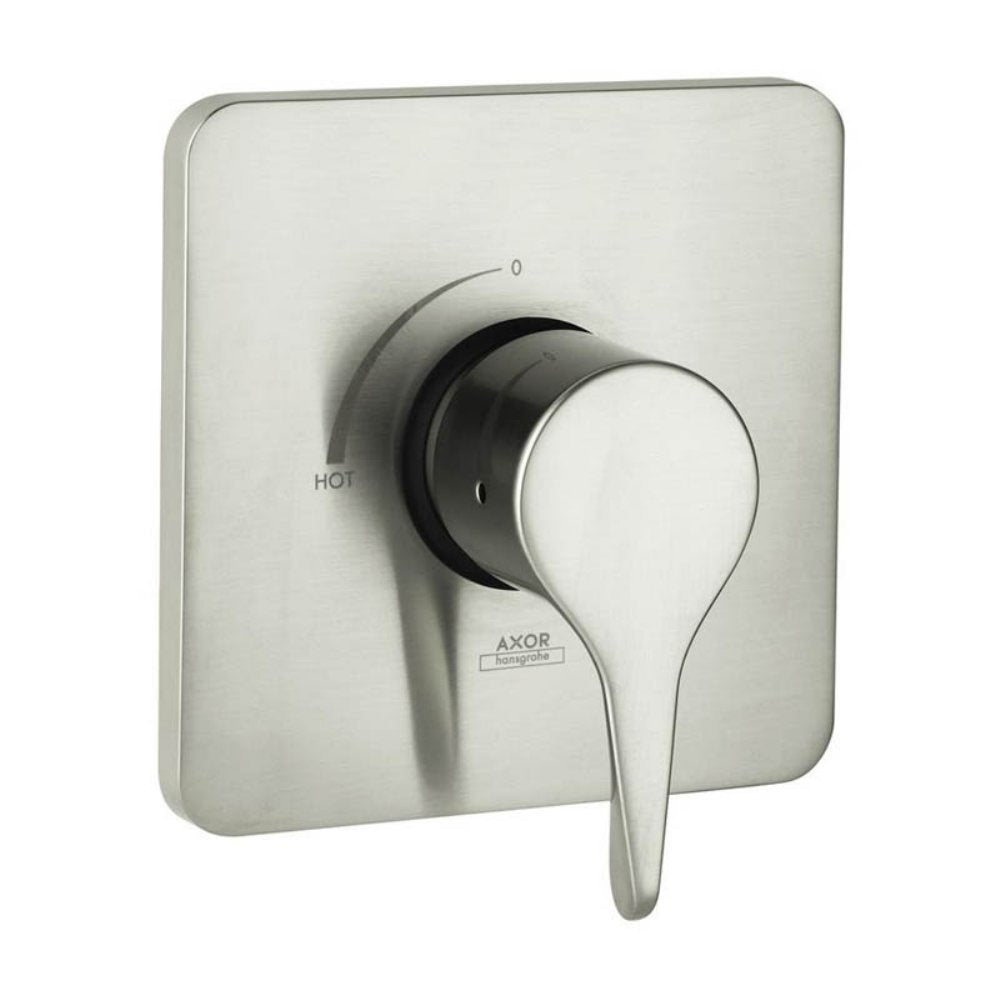 Brushed nickel pressure balance trim with rounded square escutcheon, single lever handle, and temperature dial marked 0 to ho
