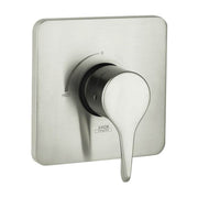 Brushed nickel pressure balance trim with rounded square escutcheon, single lever handle, and temperature dial marked 0 to ho