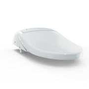 White TOTO electronic toilet seat with curved design and control panel on side.