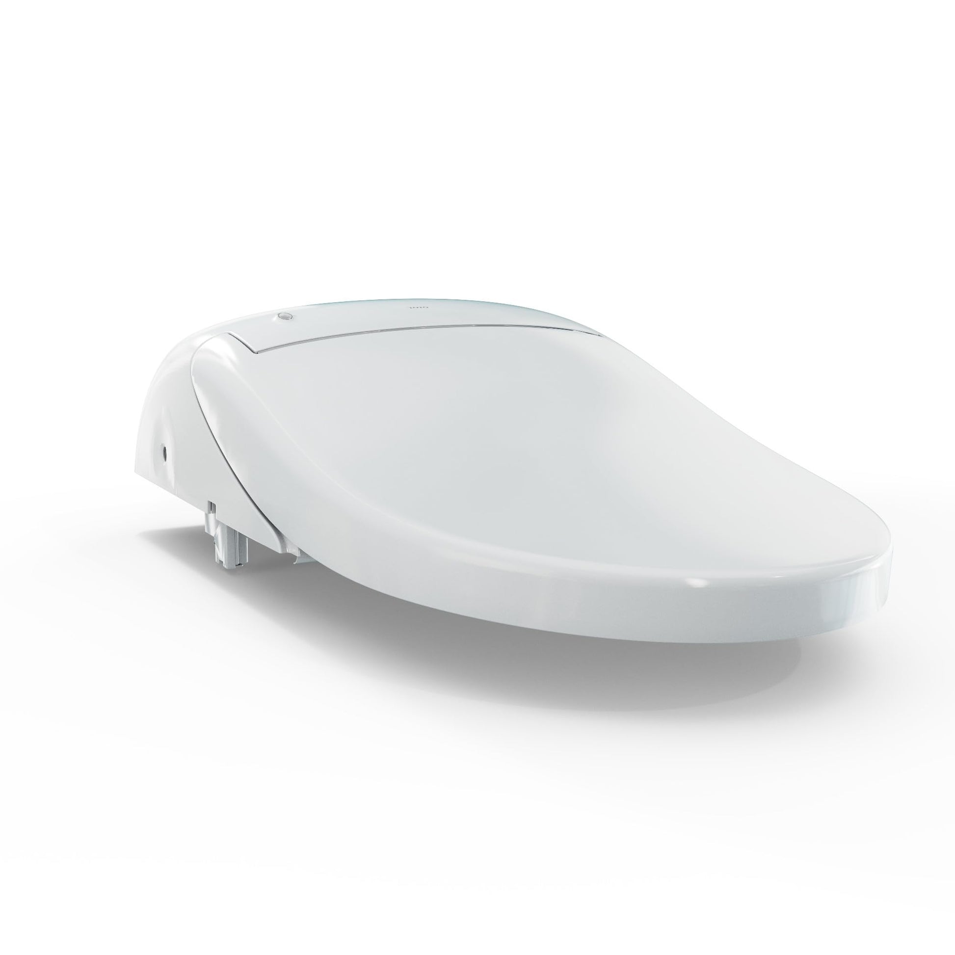 White TOTO electronic toilet seat with curved design and control panel on side.