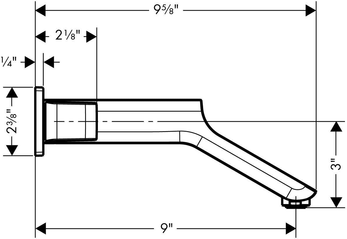 Chrome wall-mounted faucet trim with curved spout and base plate, measuring 9 5/8" wide.