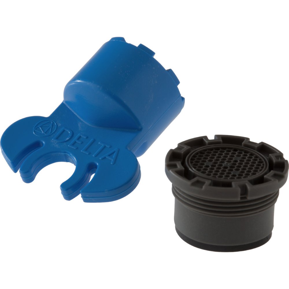 Blue Delta wrench and black aerator screen with threaded collar.