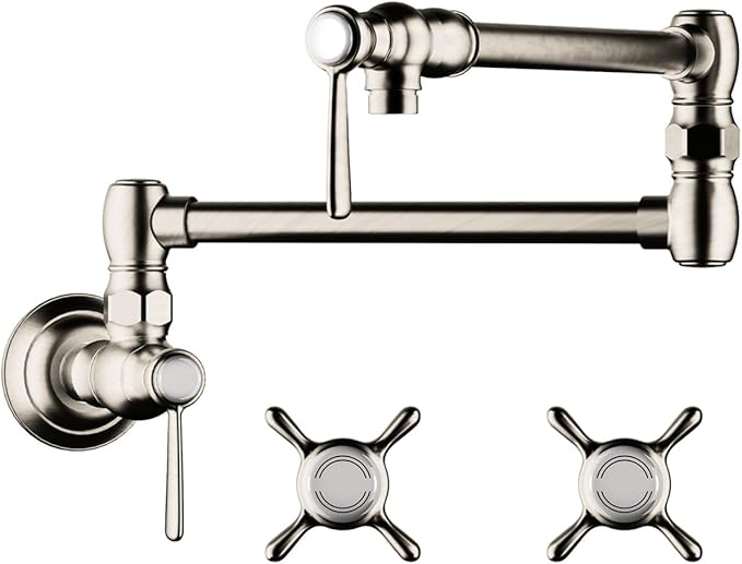 Polished nickel wall-mounted pot filler faucet with articulating arm and two cross-handle valves.