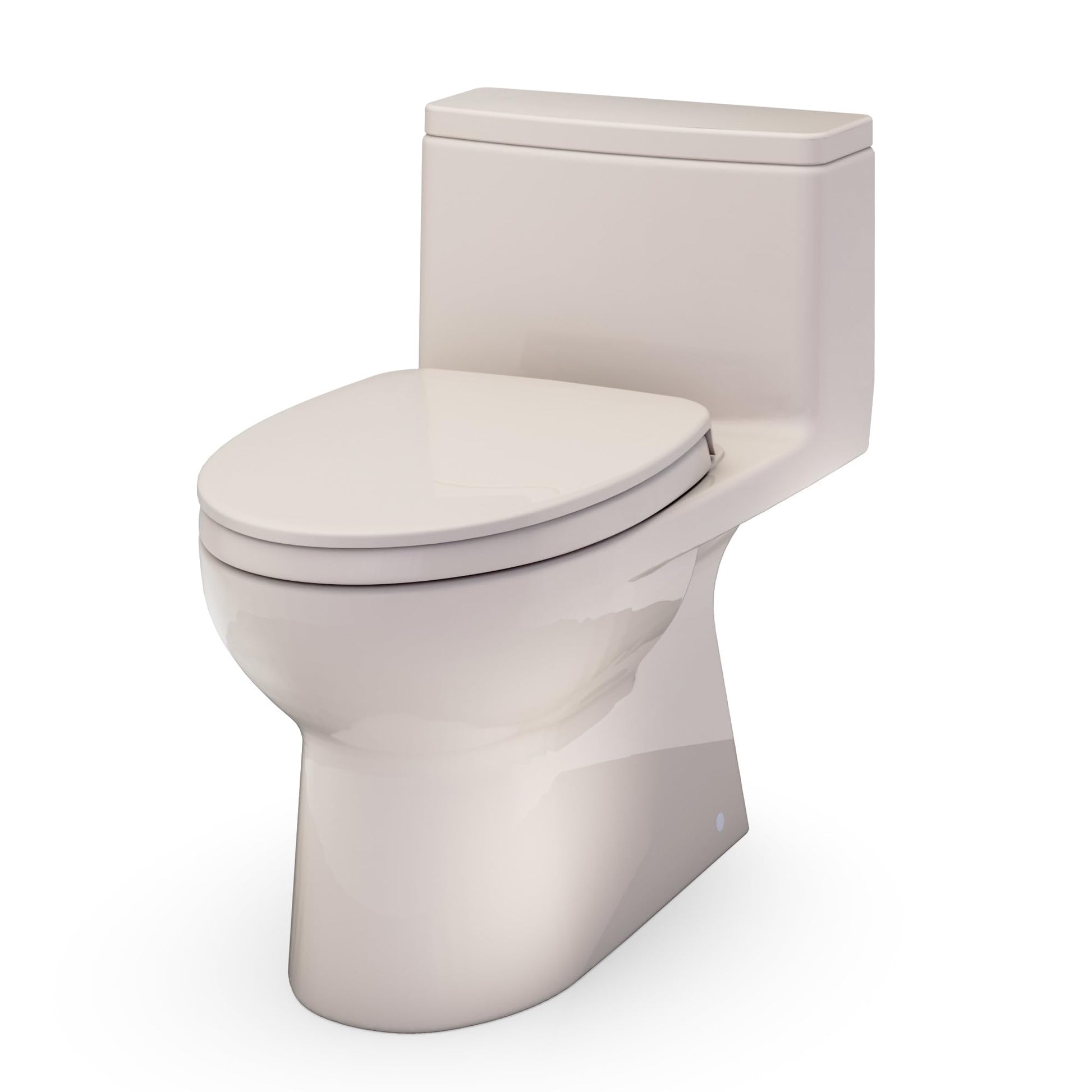 Bone-colored one-piece elongated toilet with closed front seat and tank.