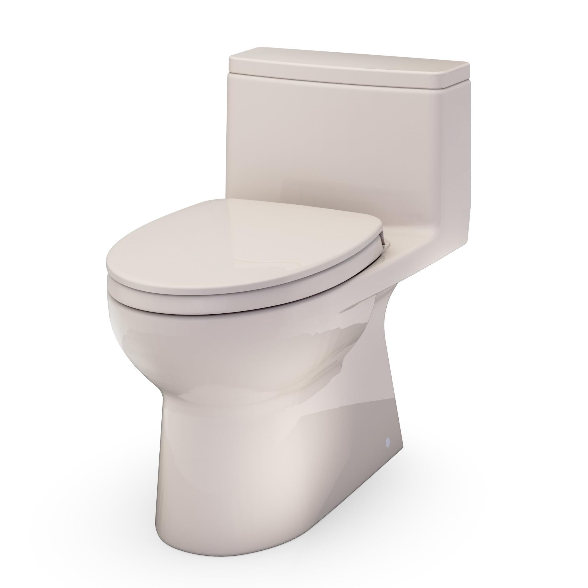 Bone-colored one-piece elongated toilet with closed front seat and tank.