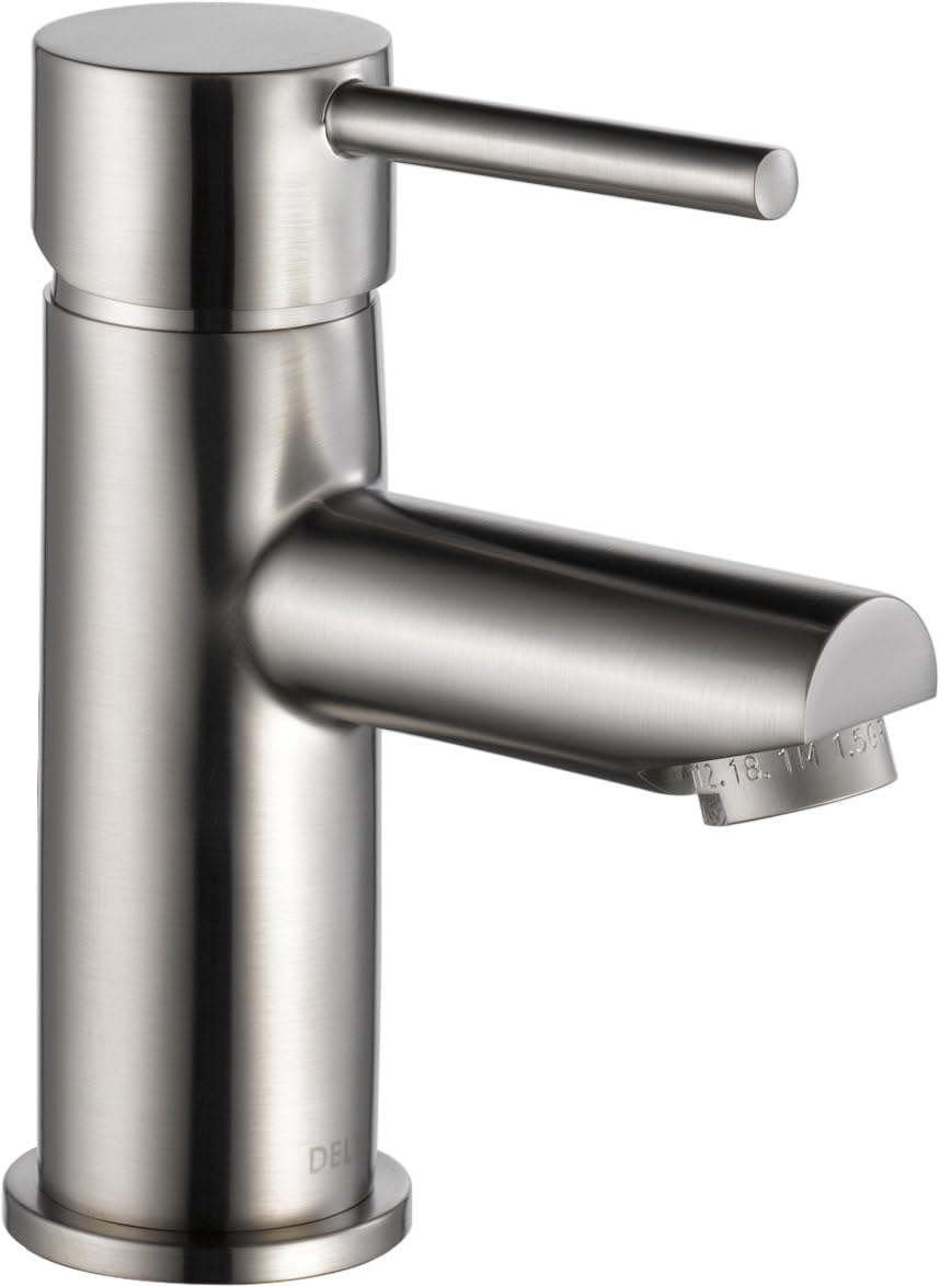 Brushed stainless steel single-handle bathroom faucet with cylindrical body and curved spout.