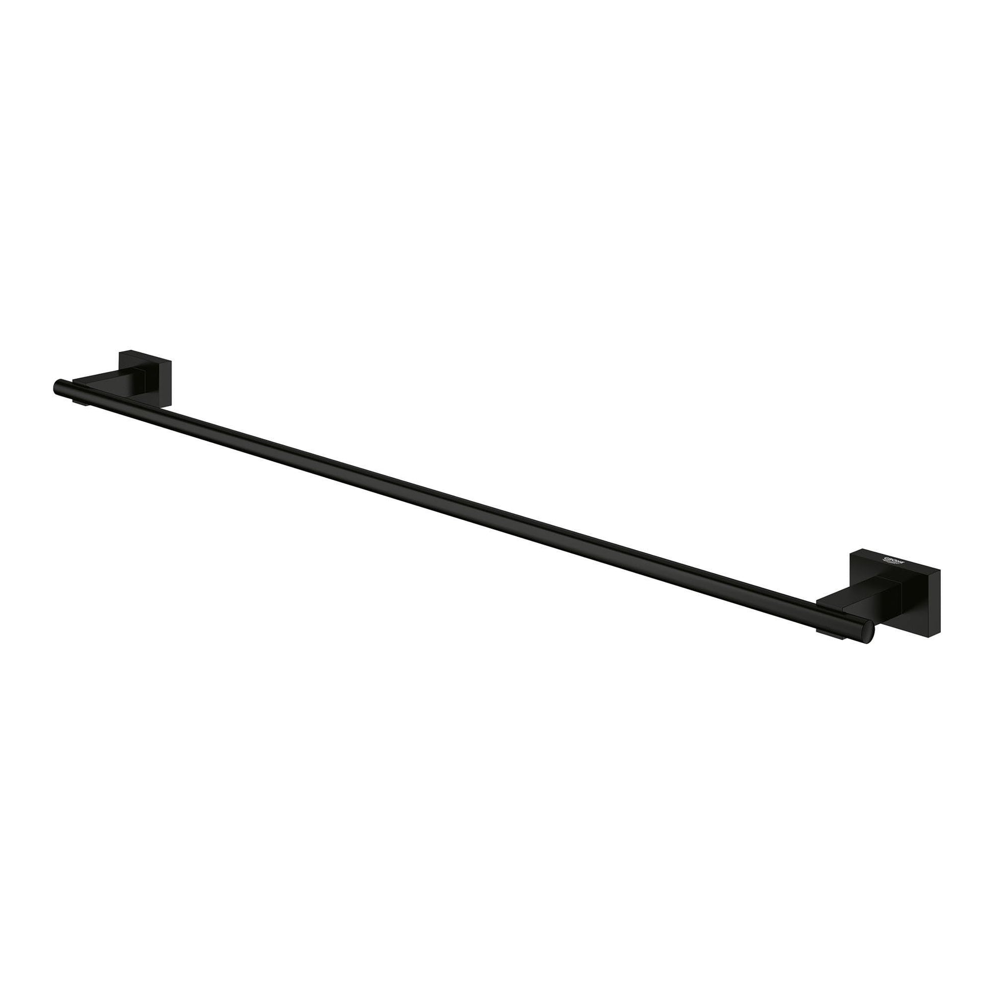 Matte black towel bar with square wall-mounted brackets on each end.