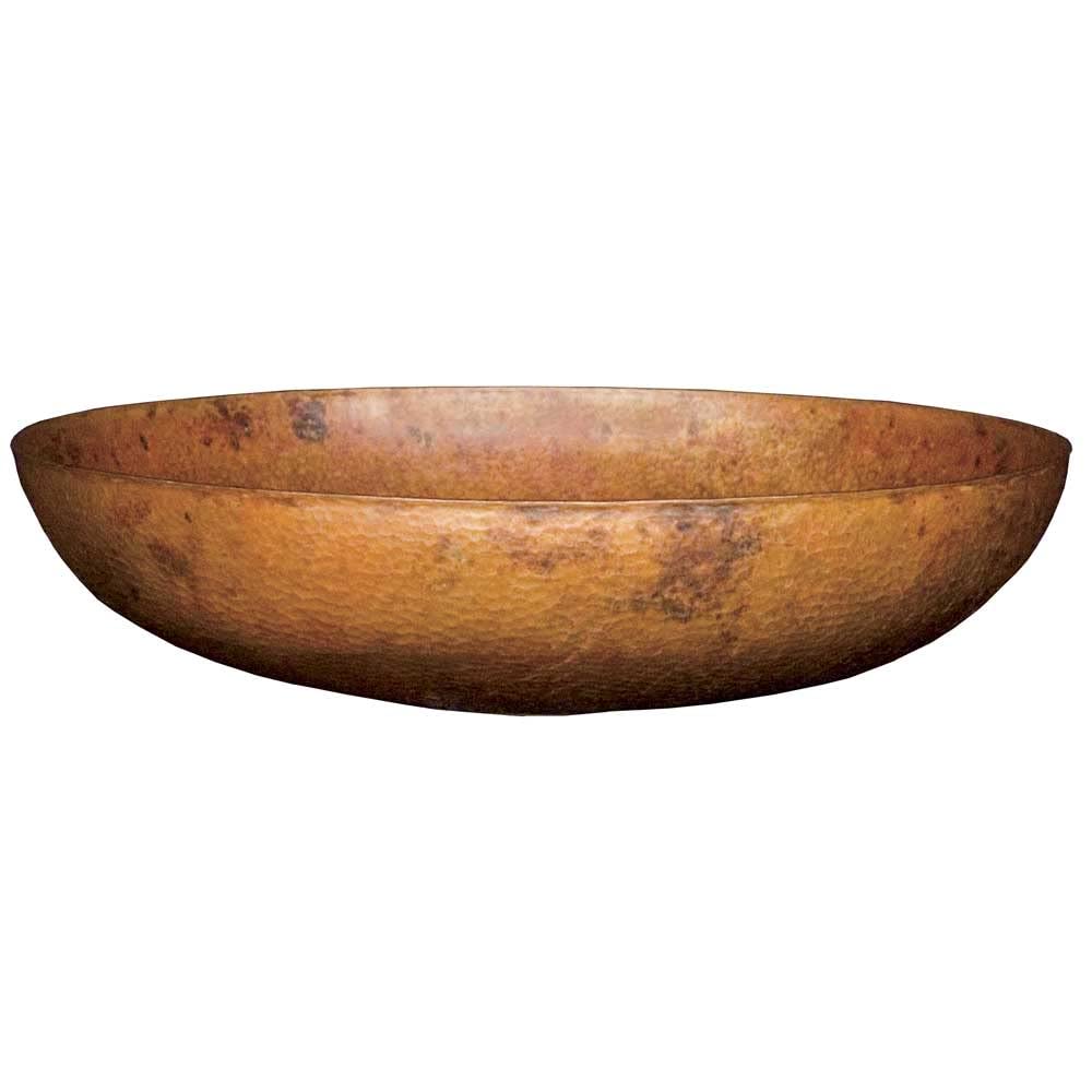 Hammered copper vessel sink with oval bowl shape and textured surface finish.