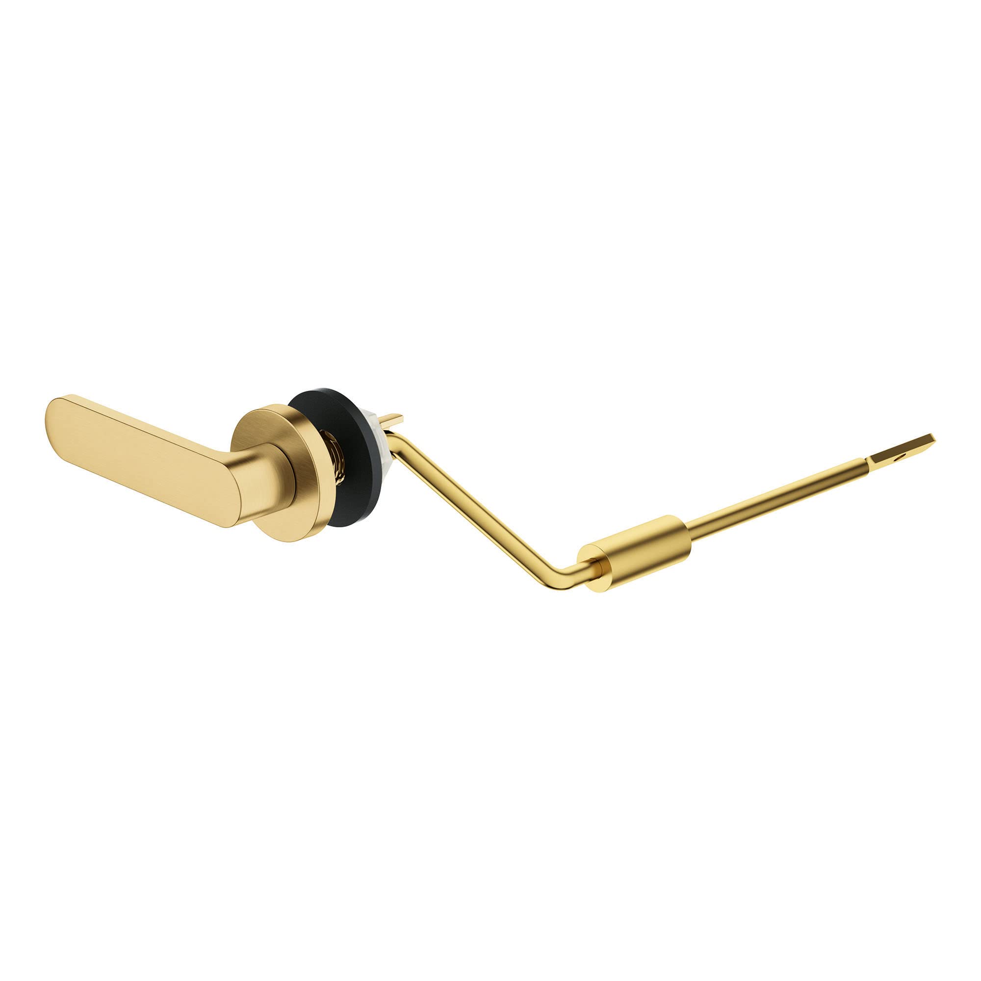 Grohe Essence brushed gold left-hand trip lever with black rubber insert and angled arm connector.