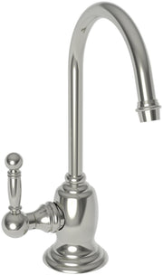 Polished nickel hot water dispenser with tall curved spout and ball handle on round base.