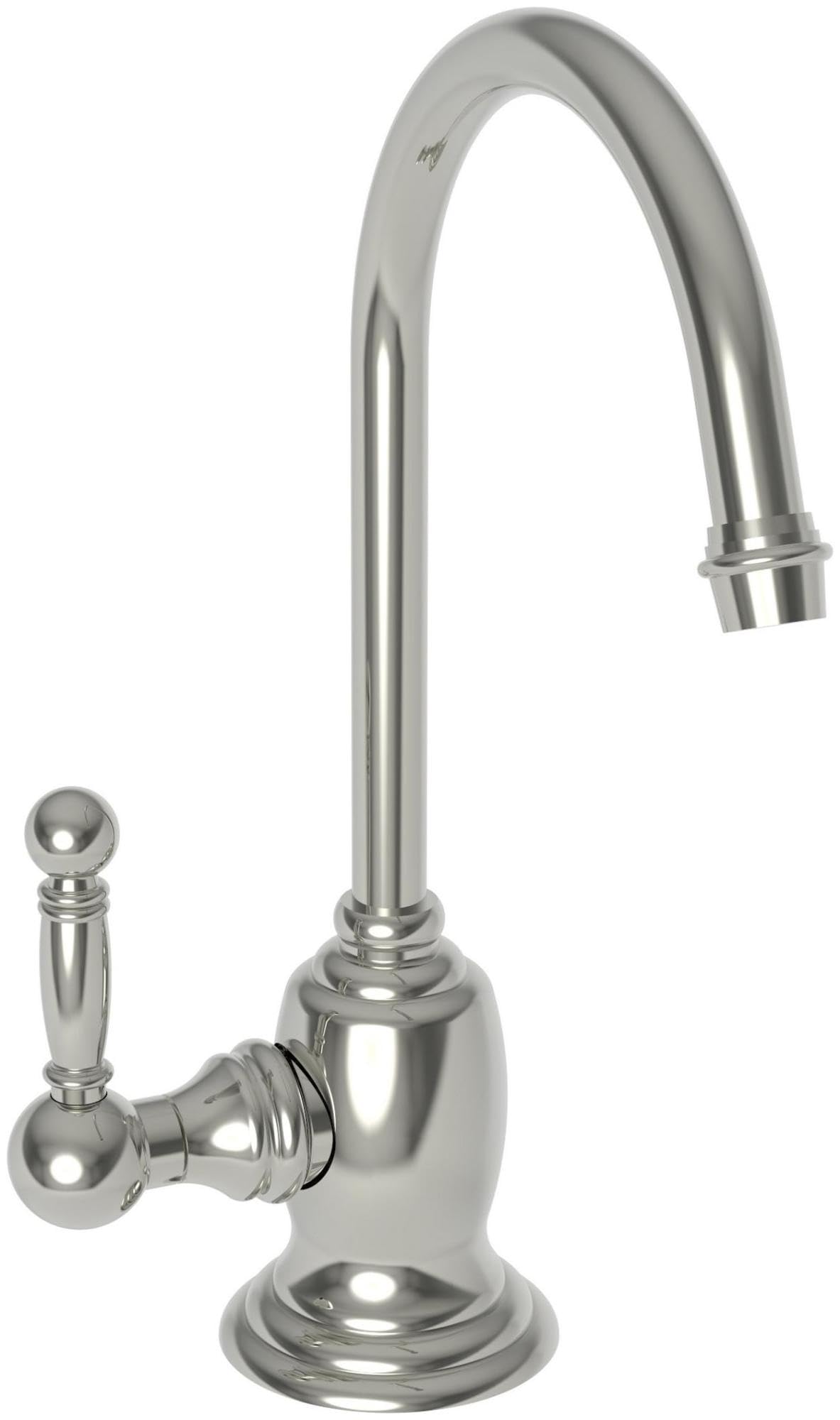 Polished nickel hot water dispenser with tall curved spout and ball handle on round base.