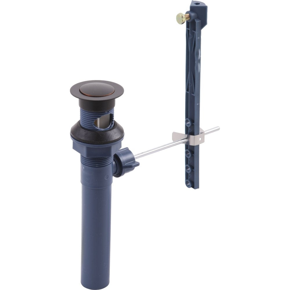 Oil-rubbed bronze pop-up drain assembly with plastic body, metal linkage rod, and overflow connector for bathroom sink.