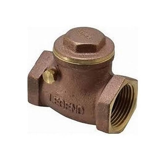 Brass swing check valve with threaded inlet and outlet ports, hex-shaped body, and top access cap.